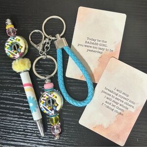 Colorful Donut Keychain and Pen Set With Affirmation Cards